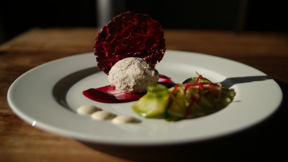 Home smoked mackerel Pate with beetroot crisps, picked cucumber and